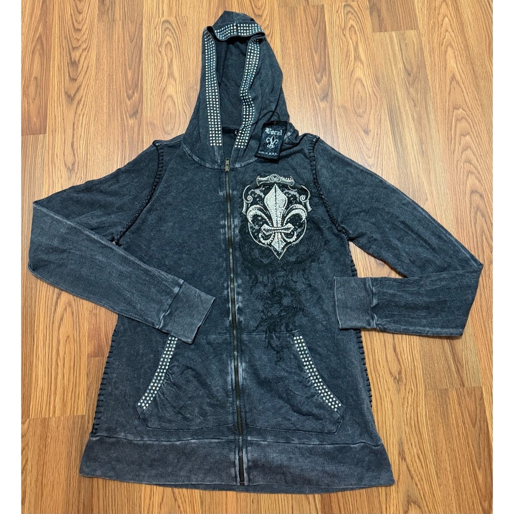 Vocal Hoodie Womens Large Made USA Rhinestone Fleur De Lis Y2K Biker